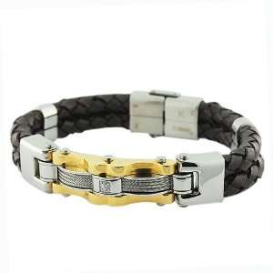 Mens Stainless Steel Brown Leather Two Tone Crystal Fashion Bracelet