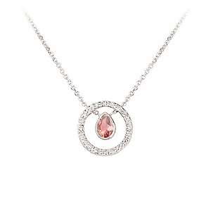   Pink Tourmaline Teardrop and Diamond Circle 14k White Gold Necklace