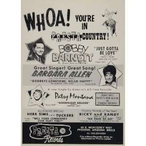 1966 Ad Presta Records Bobby Barnett Patsy Montana   Original Print Ad