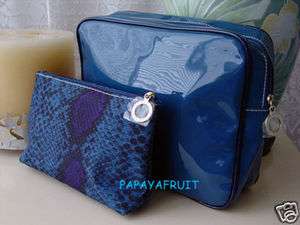 2pc Estee Lauder Cerulean Blue Patent Cosmetic Case Bag  