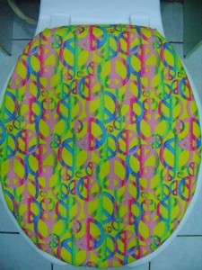 Retro Peace Sign Toss Yellow Fabric Toilet Seat Cover Set  