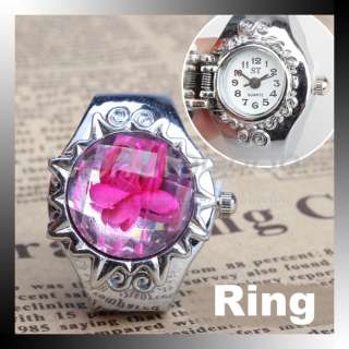   Creative Elegant Rose Rhinestone Round Quartz Finger Ring Watch  