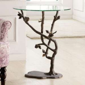 Pinecone & Bird Rustic Cabin End Table Iron Glass Top  