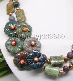 2rows pearls green Opal Agate flowers necklace  
