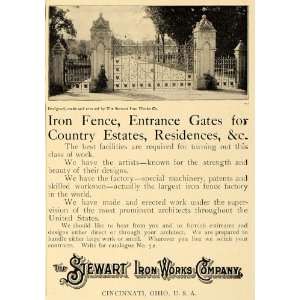 1906 Ad Stewart Iron Works Fence Entrance Gate Estate   Original Print 