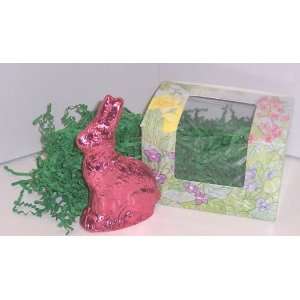   Chocolate Solid Easter Bunny wrapped in Pink Foil with a Easter Garden