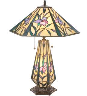 Iris Flower Tiffany Stained Glass Table lamp Lit Base  