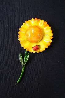   ORIGINAL by ROBERT Pin Brooch * Big Yellow Orange LADYBUG on SUNFLOWER