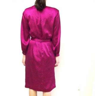 Dark Fuchsia Pink & Black Print Silky Satin Belted Draped Long Sleeve 