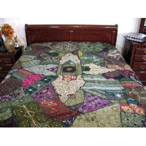  Green Sari Indian Bedding Bed Cover Bedspread Tapestry 