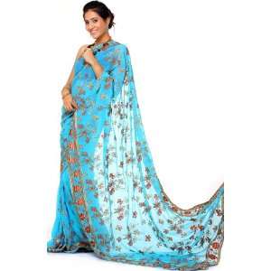  Radiant Blue Sari with Ari Embroidered Flowers and Leaves 