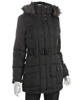 Calvin Klein black quilted belted faux fur hooded down coat