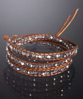 Chan Luu swarovski crystal and brown leather wrap bracelet   