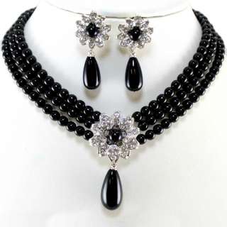   Pearl Crystal Silver Wedding Evening Earrings Necklace Set  