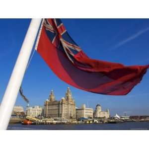 Red Ensign, River Mersey and Three Graces, Liverpool, Merseyside 