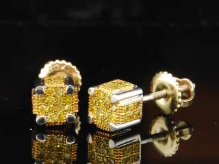   WHITE GOLD YELLOW DIAMOND PAVE STUDS EARRINGS 3 D CUBES SQUARES  