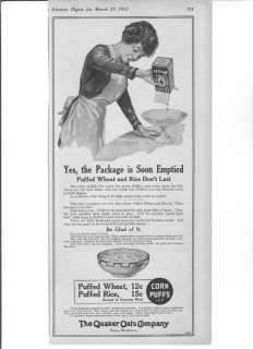 1915 Quaker Oats Co. Ad / Corn Puffs, Puffed Rice Wheat  