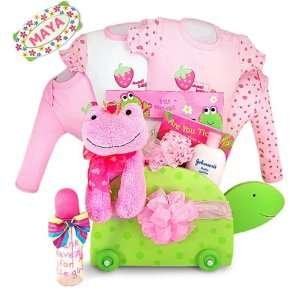   Pink Personalized Baby Girl Turtle Toy Chest   12 Piece Gift Set