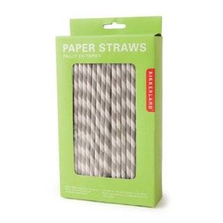Kikkerland Biodegradable Paper Straws, Gray and White Striped, Box of 