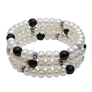  White Freshwater Pearl 3 Row Stretch Bracelet with Faceted Onyx 