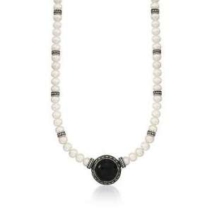  Cultured Pearl, Black Onyx Necklace, Marcasite In Silver 