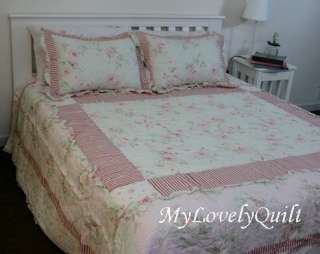   Pale Pink Green Hand Quilted Ruffle Patchwork BEDSPREAD Quilt Set KING
