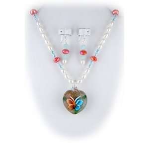   Heart Pendant Freshwater Pearl Necklace Earrings Sterling Silver