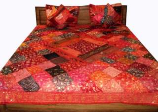 GORGEOUS HEAVILY BEADED 5 PC SARI BEDDING BEDSPREAD KG  