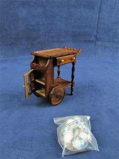 Dollhouse Furniture Wood Tea Serving Cart w/Tea Set  