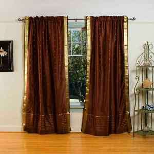 Pair Brown India Sari Sheer Curtain Drape panel 84  