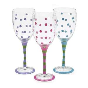  Set Of 3 Hand Blown Polka Dot Wine Glasses/Goblets Fun 