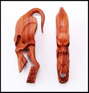 Pair SKULL carved wood EAR PLUGS EAR GAUGES (PICK SIZE)  