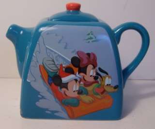 Disney Mickey Minnie Mouse Sledding Winter Xmas Blue Mini Teapot 