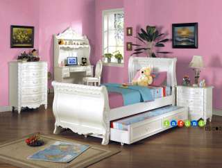 Children Twin Size Sleigh Bed Girl Set Bedroom White  