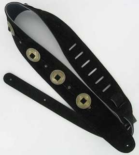Leather Guitar Strap Black Suede with Metal Conchos  