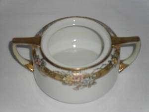 ANTIQUE NIPPON HAND PAINTED FLORAL CREAMER SUGAR BOWL  