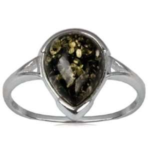   Green Color Amber Sterling Silver Oblong Stone Ring Graciana Jewelry