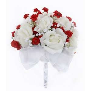  Ivory Rose Hand Tied Silk Wedding Bouquet   Red Accents 