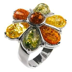   Amber and Sterling Silver Large Flower Ring, Sizes 5,6,7,8,9,10,11,12