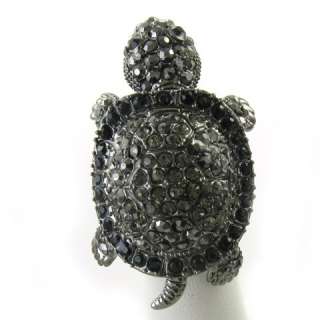 Turtle Tortoise Ring Animal Antique Silver Black Crystal Stone Stretch 