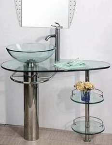   Vanity Clear Tempered Glass Vessel Sink w Faucet & Towel Rack  
