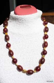 Vintage AMBER SWIRL BAKELITE BEAD NECKLACE + goldtone beads  