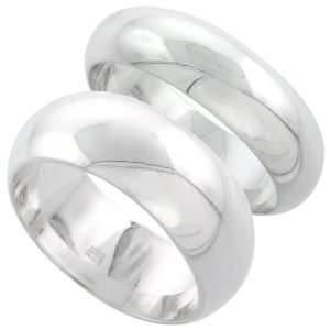 Sterling Silver High Dome Wedding Band Ring Set His and Hers 7mm + 8mm 