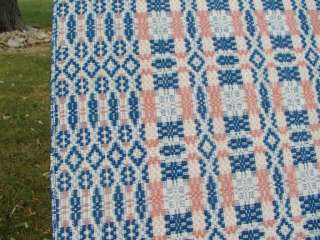 1920s woven coverlet bedspread pink white blue  